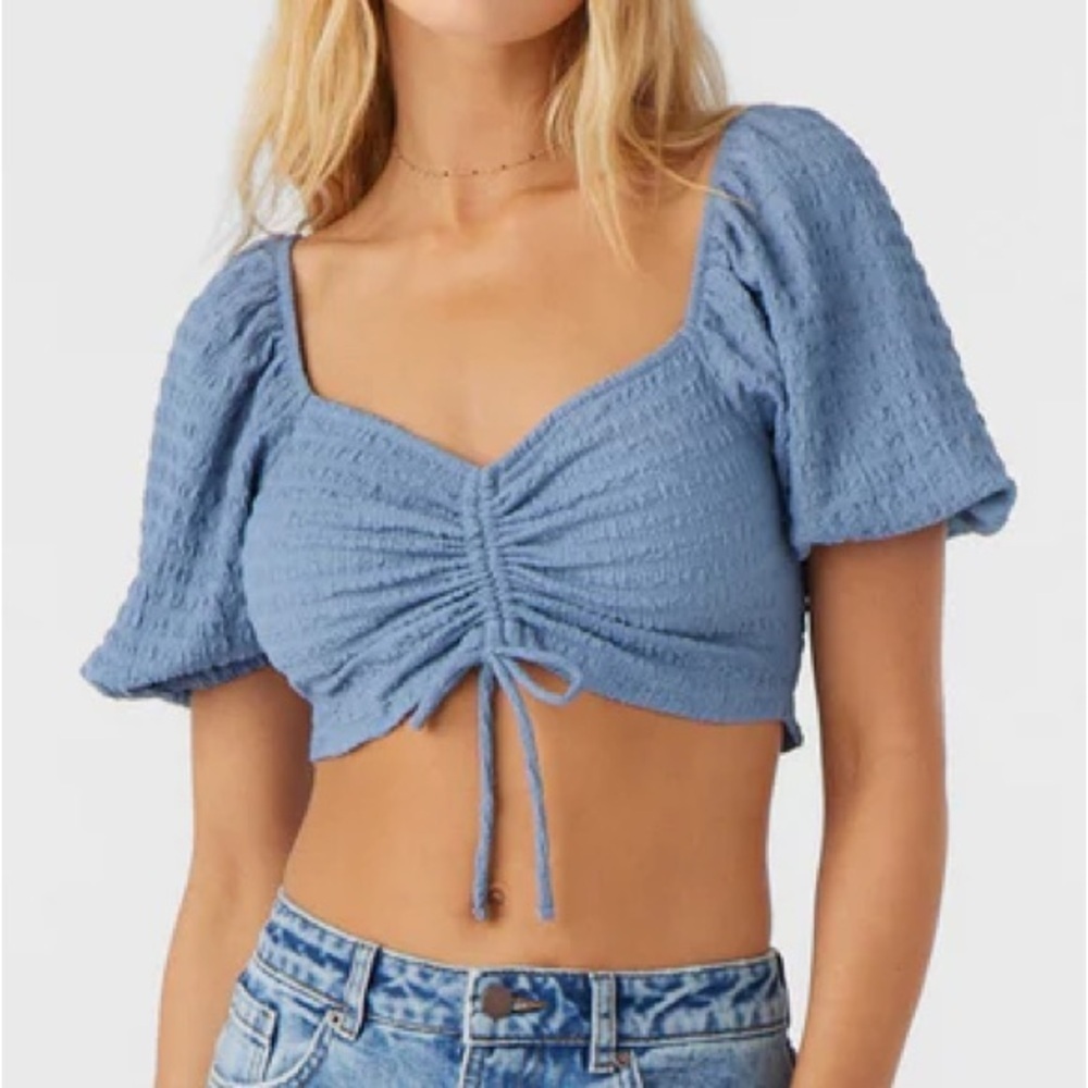 O’Neill Women XL Blue Textured Knit Boho Beachy Puff Sleeves Polly Crop Top NWT